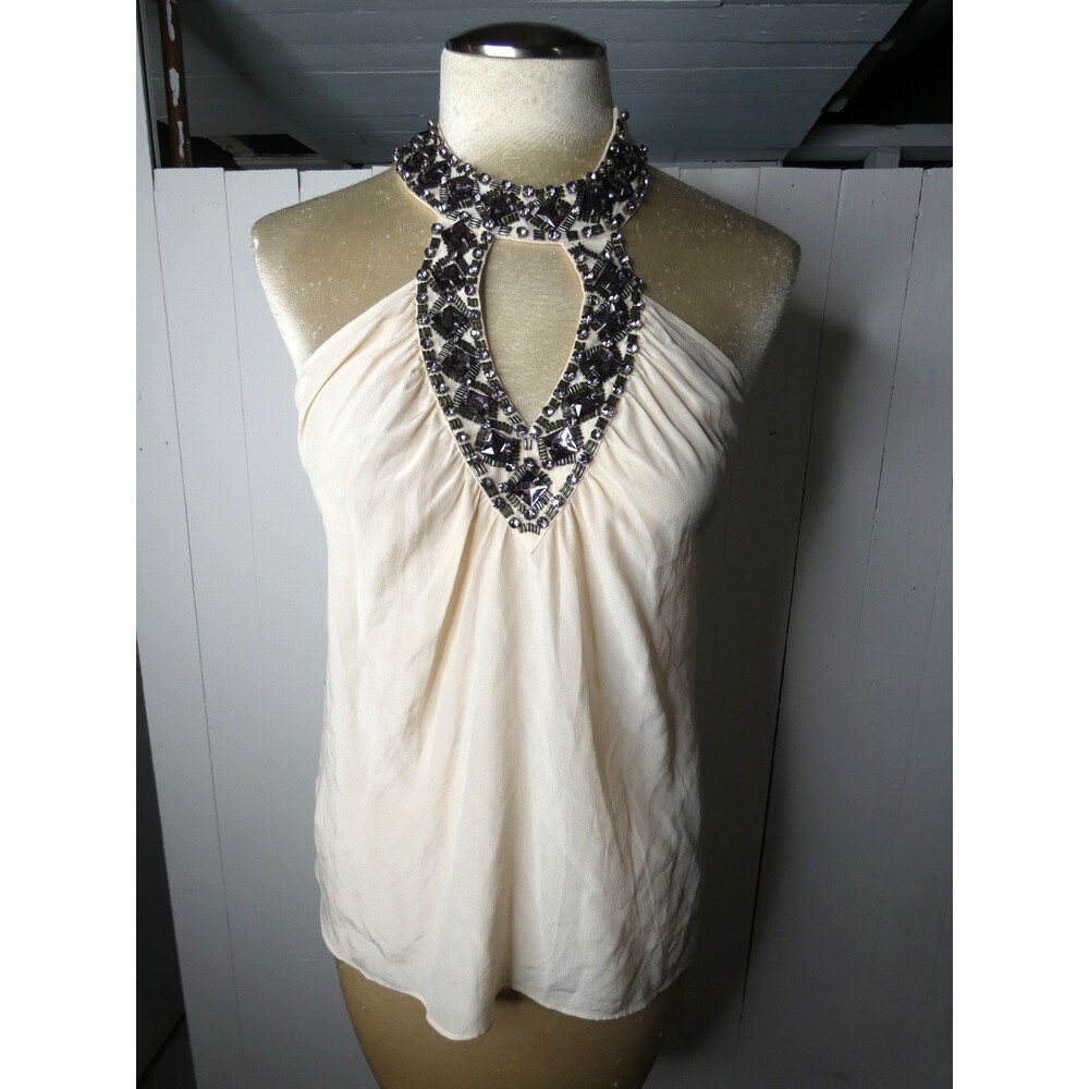 Bebe Women's XS NWT Y2K Silk Beaded Top Cream Sleeveless Keyhole Cut Out $89